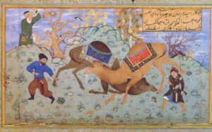 Von Behzād signiertes Bild, das oft kopiert und nachgeahmt wurde.